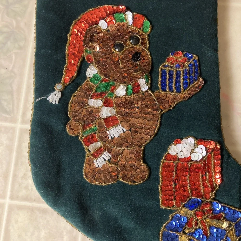 Vintage‎ Christmas Teddy Bear with Presents Velvet Sequin Stocking Maximallist